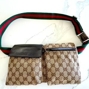 Vintage Gucci Iconic Monogram Red and Green Belt Fanny Pack/ Belt Bag
